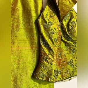 L’POGEE raw silk green/amber maxi skirt with sleeveless beaded halter size 8